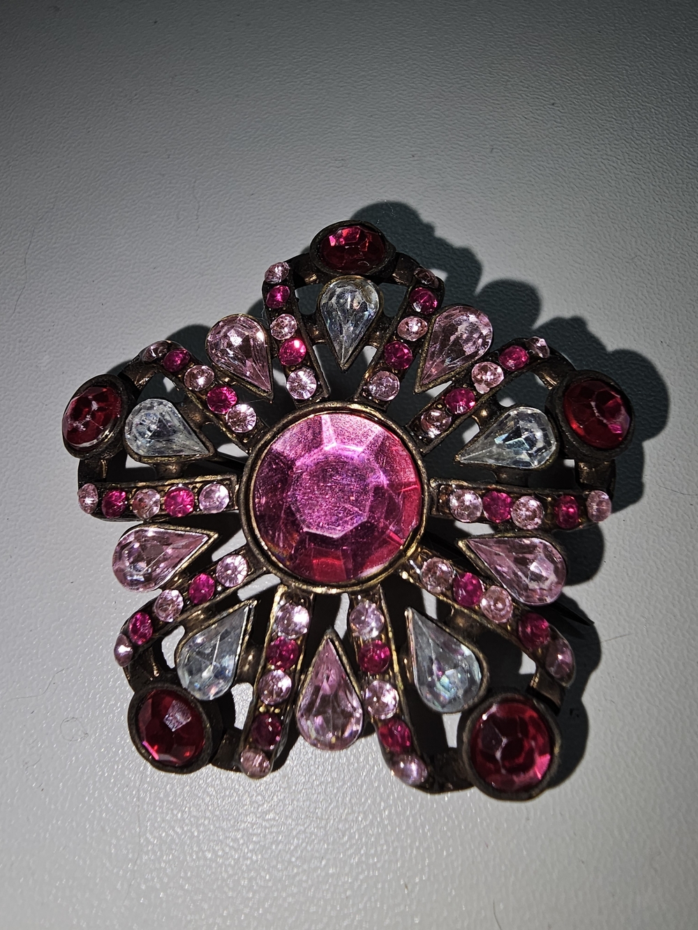 Vintage Pink Rhinestone Starburst Flower Brooch Gold Tone Statement Pin